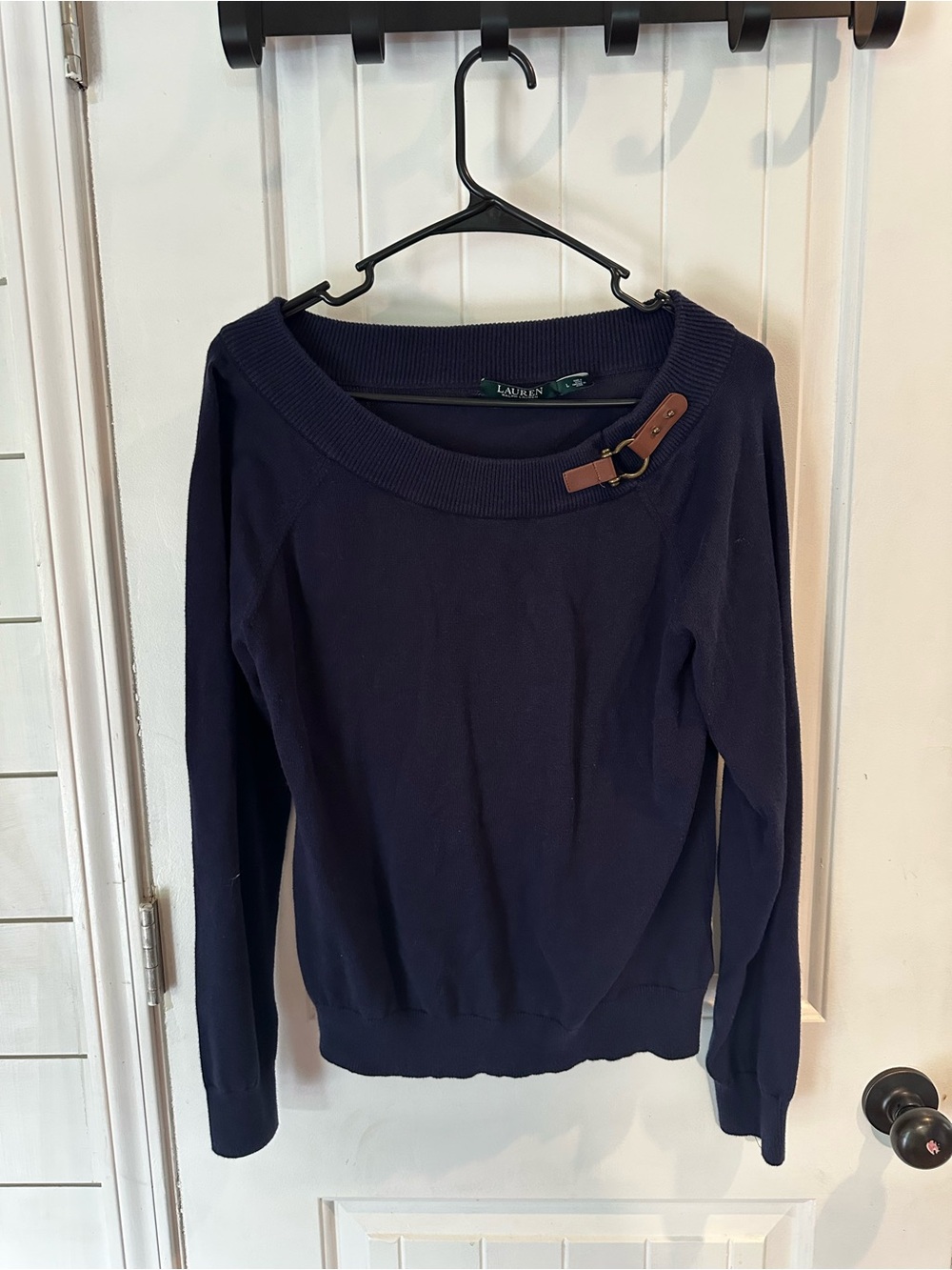 Lauren Ralph Lauren Navy Knit Sweater with Brown Leather Buckle